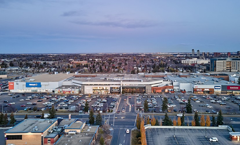 Aerial view of Kingsway mall with surrounding neighbourhood at dusk